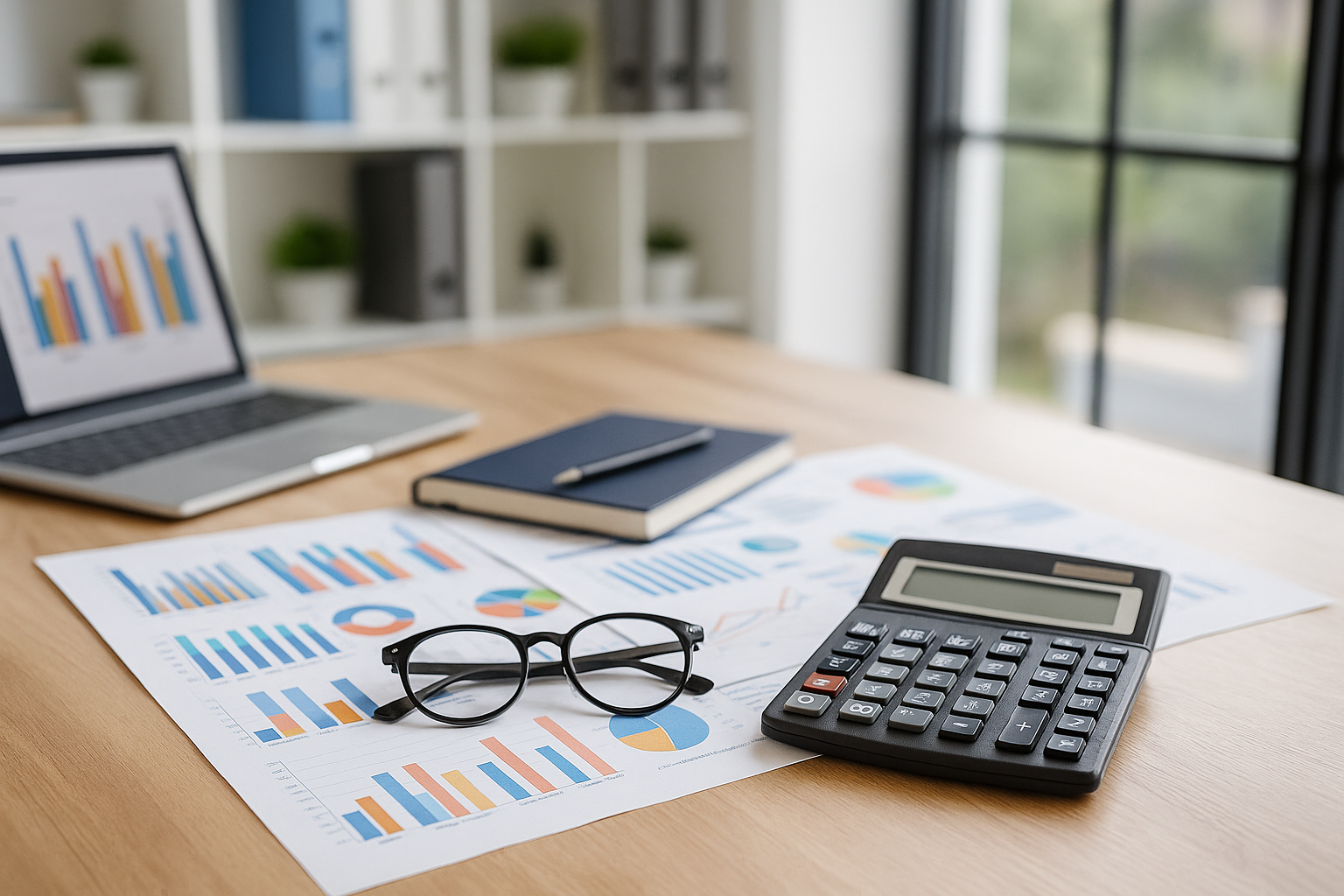 Бухгалтер за ноутбуком працює з документами у сучасному офісі