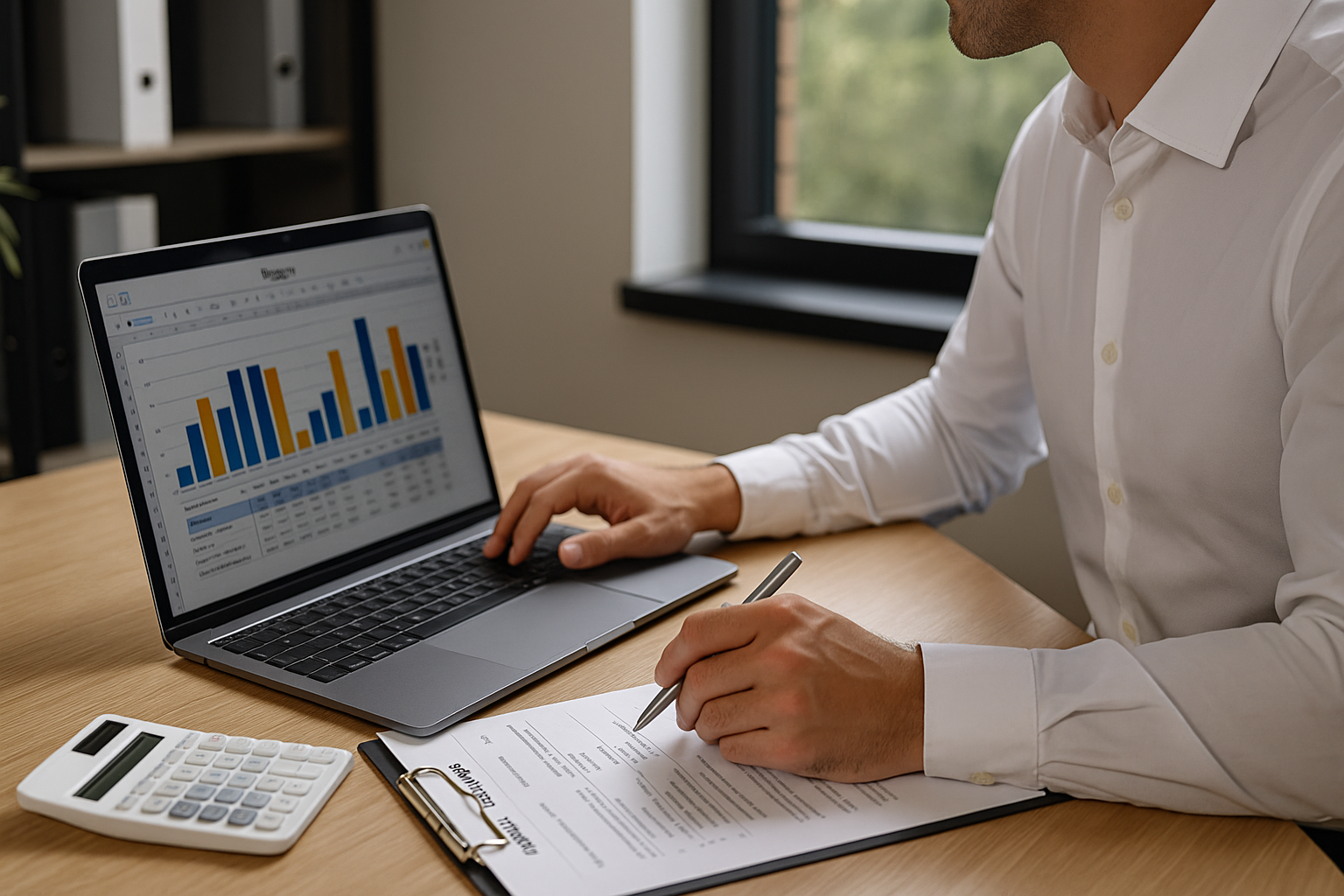 Підприємець заповнює звітність за 2025 рік на ноутбуці